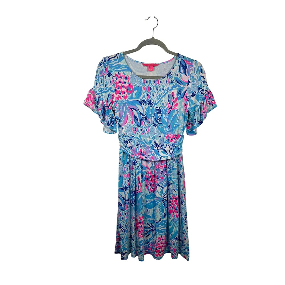 Lilly Pulitzer Dress Women XS Blue Pink Excellent Ruffle Sleeve Floral Fit Flare